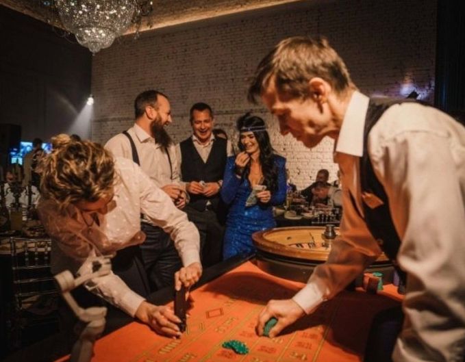 Themed décor prepared for a casino-style evening